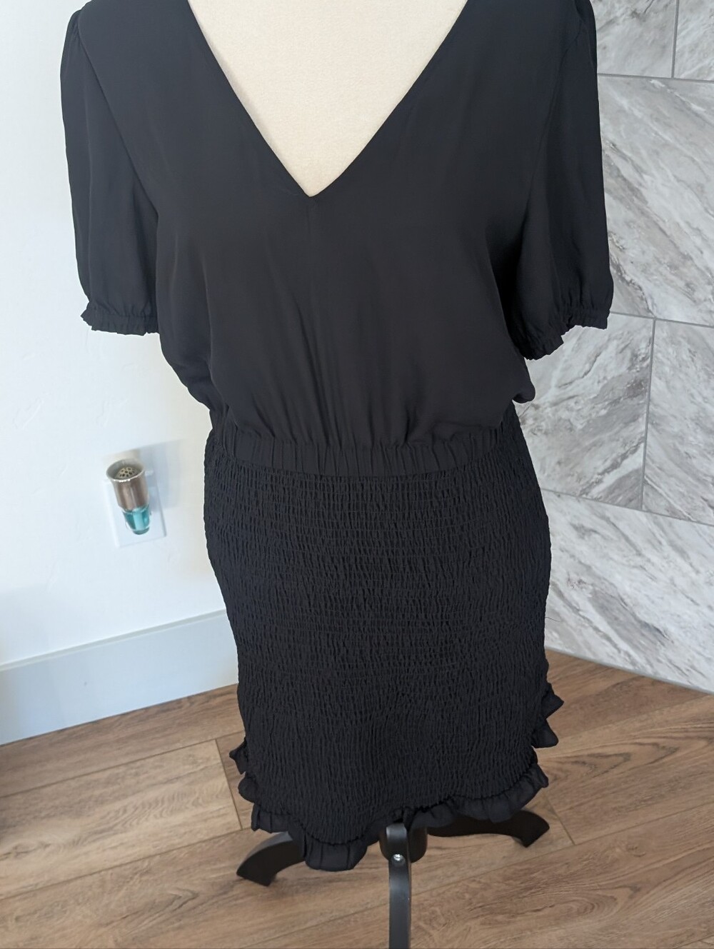 Classic Black V-Neck Smocked Dress